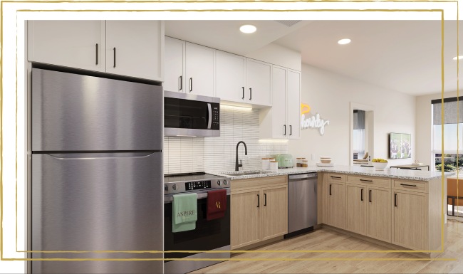 a kitchen with white and wooden cabinets