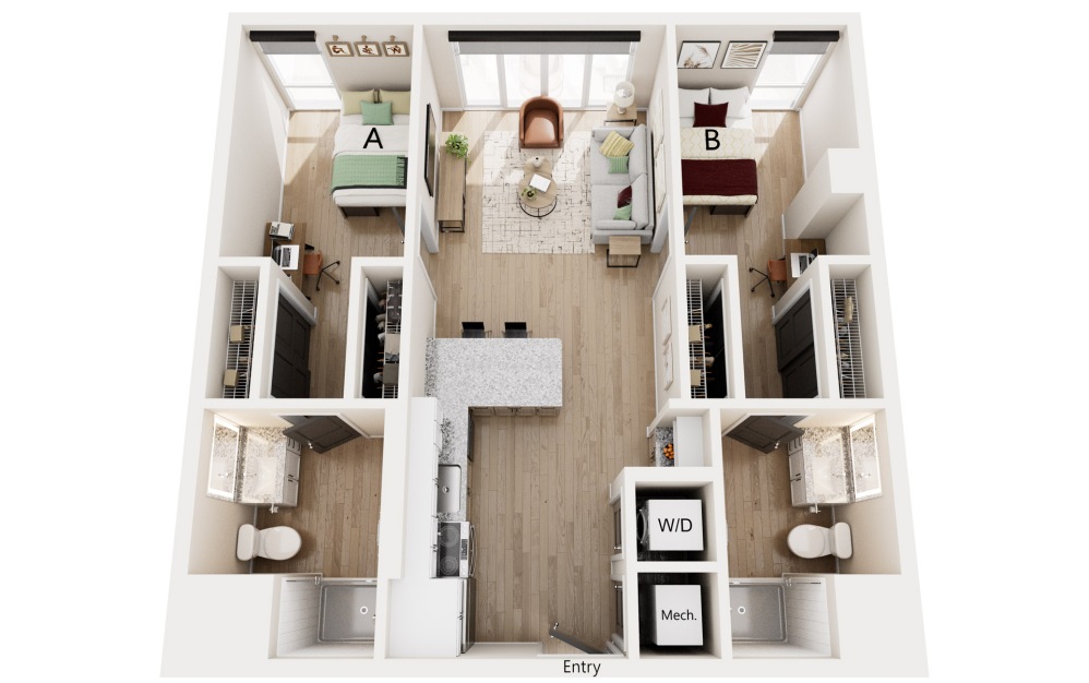 B1 - 2 bedroom floorplan layout with 2 bathrooms and 828 square feet
