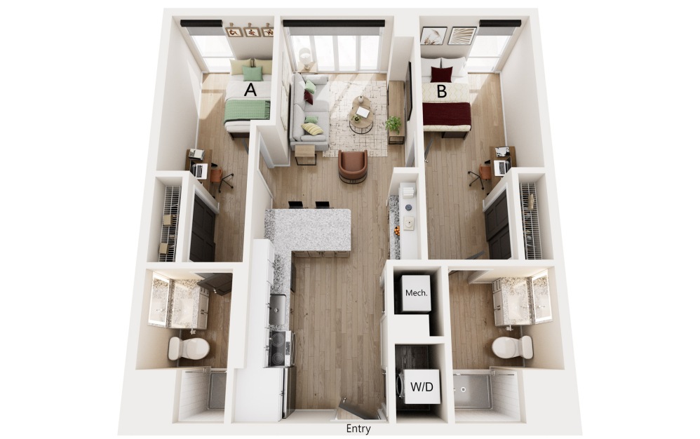 B5 - 2 bedroom floorplan layout with 2 bathrooms and 770 square feet