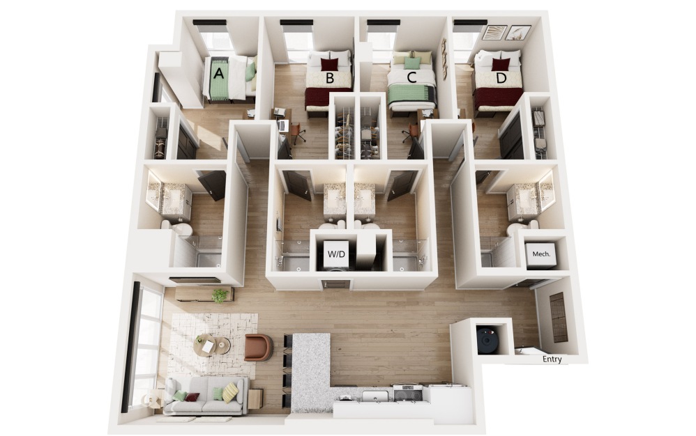 D3 - 4 bedroom floorplan layout with 4 bathrooms and 1222 square feet
