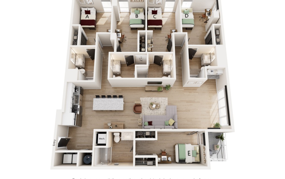 E3 - 5 bedroom floorplan layout with 5 bathrooms and 1908 square feet