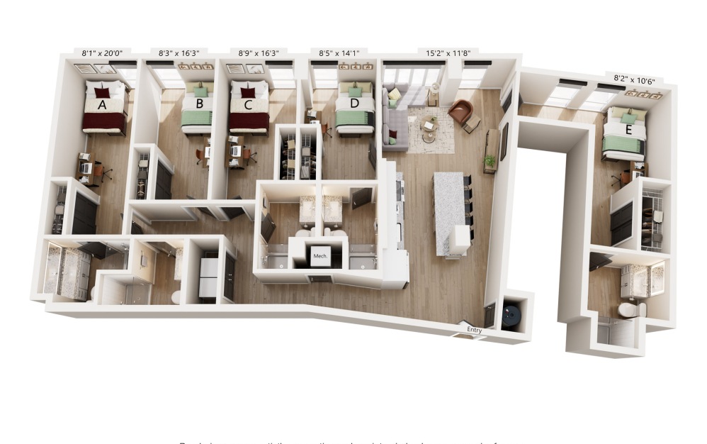 E4 - 5 bedroom floorplan layout with 5 bathrooms and 1909 square feet