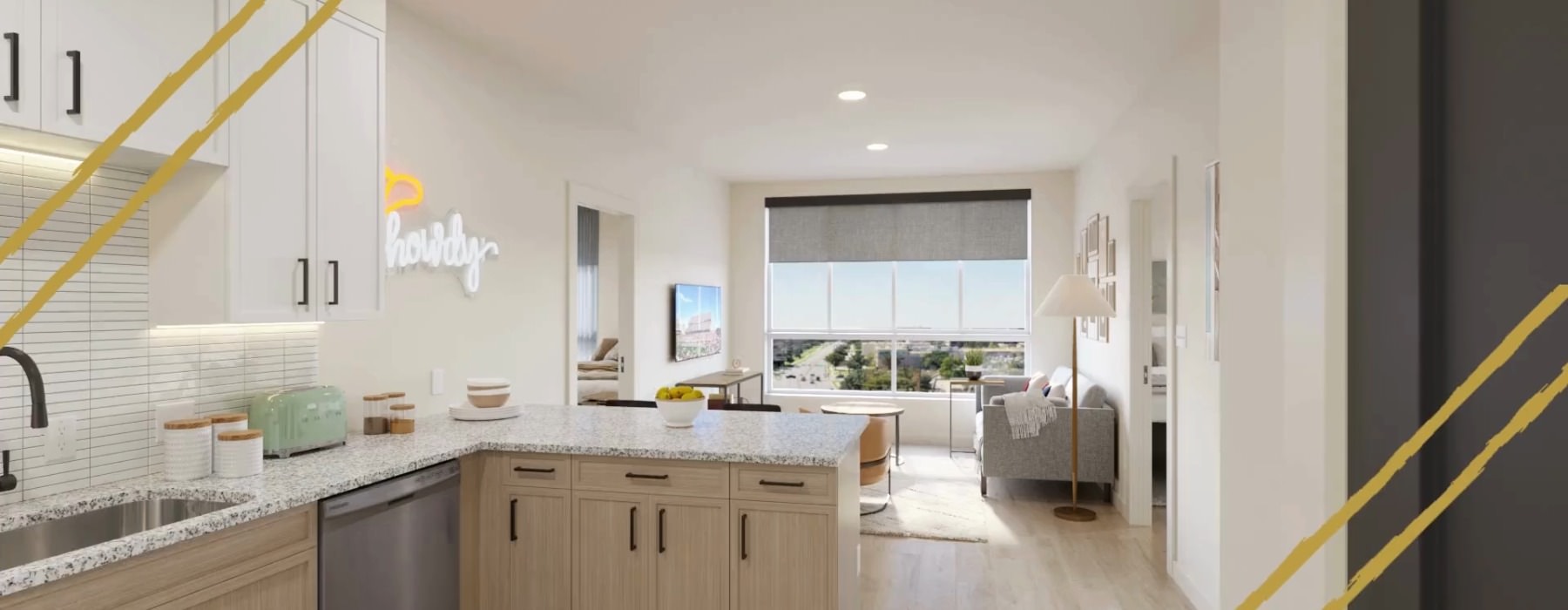 a kitchen with white and wooden cabinets